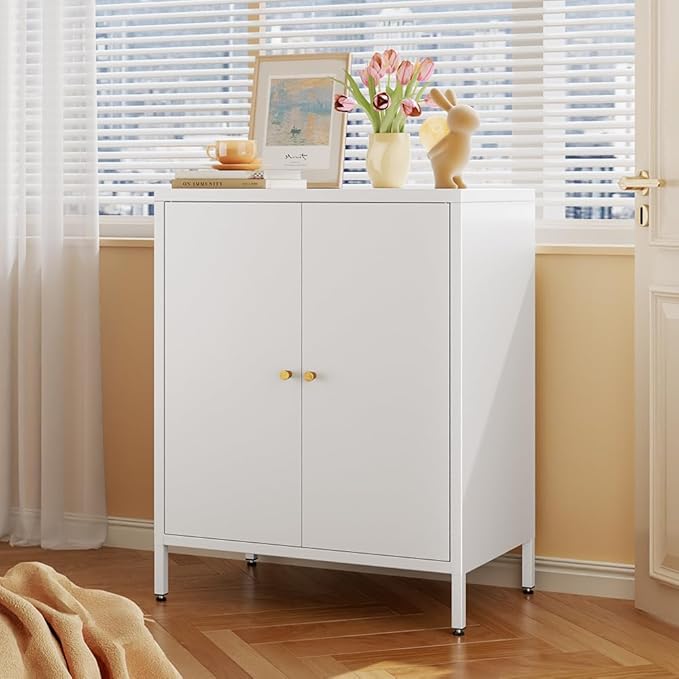 Small 2 Metal Storage Side Buffet Cabinet for Bed Room,Living Room,Entryway,Hallway,Home,Hotel,Office,Garage,Kitchen,1 Removable Shelf. (Metal Door, White)
