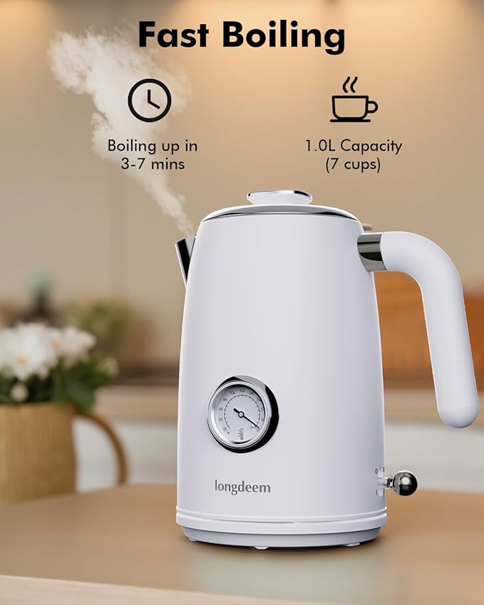 Retro Electric Tea Kettle 1L, Stainless Steel Water Boiler with Built-in Thermometer, BPA-Free, Fast Boil, Auto Shut-Off, Perfect for Home, Office, Dorm, Pure Water, Drip-Free Spout, White