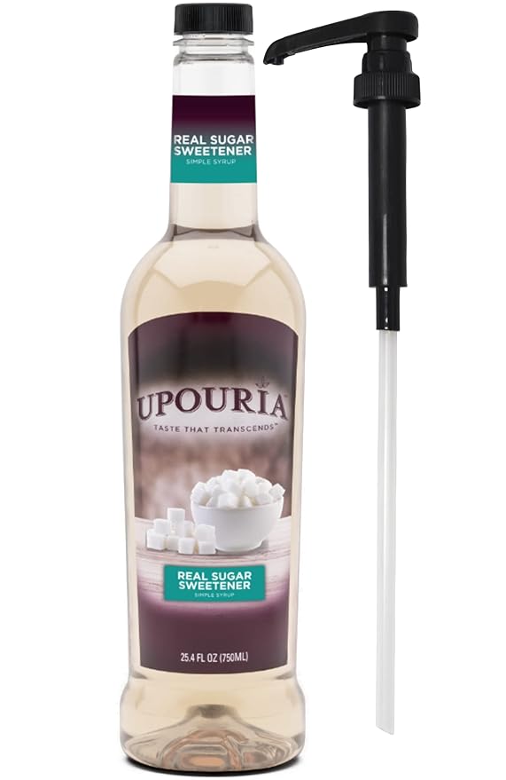 Upouria Real Sugar Sweetener Simple Syrup, 100% Vegan and Gluten-Free, 750 mL Bottle - Coffee Syrup Pump Included