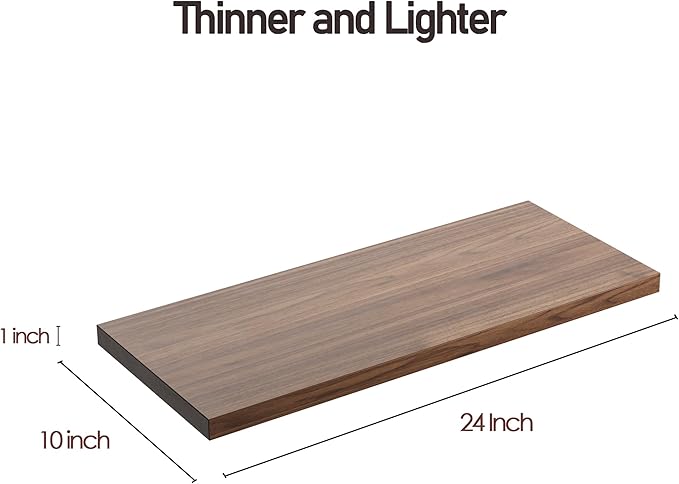 Wall Shelf Set of 1, Walnut Floating Shelves 24 in W x 10 in D x 1 in H, Wooden Floating Wall Shelf with Invisible Brackets for Living Room/Bedroom/Bathroom/Kitchen Storage and Decor