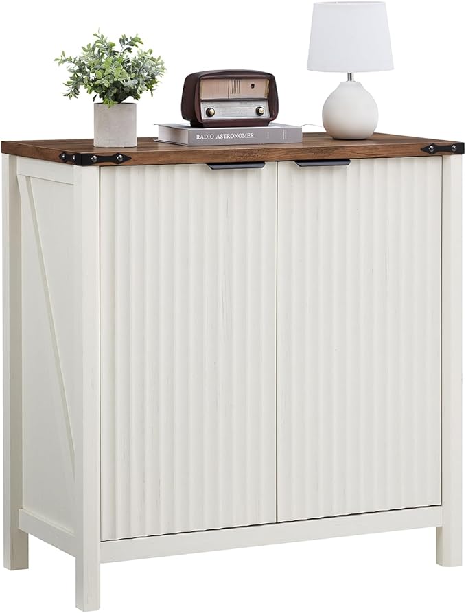 32-inch Fluted Sideboard Cabinet - Rustic Modern Farmhouse Storage Organizer with Adjustable Shelves, Coffee Bar, Entryway Furniture for Kitchen, Living Room (Antique White)