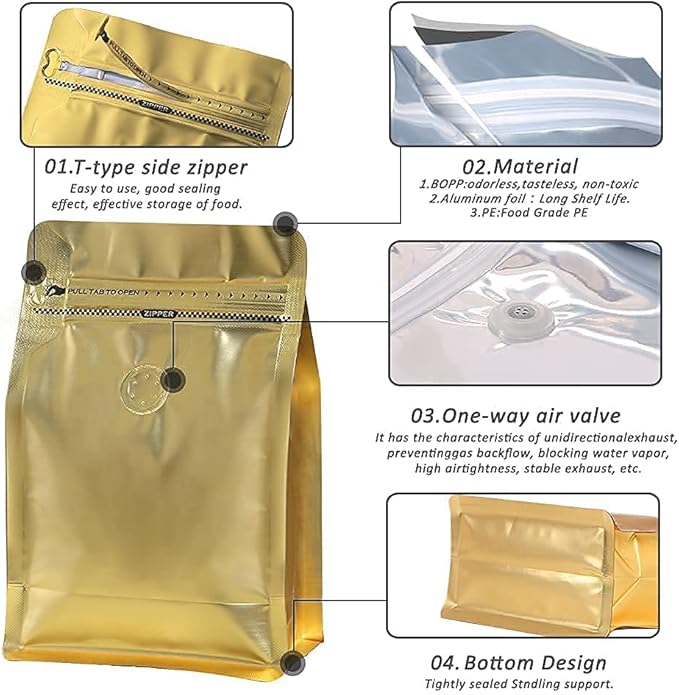 coffee bags with Valve High Barrier Aluminumed Foil Flat Bottom Standing Coffee Beans Storage Bags,Reusable Heat Sealable Side Zipper Pouches (12oz/50pcs, Gold)