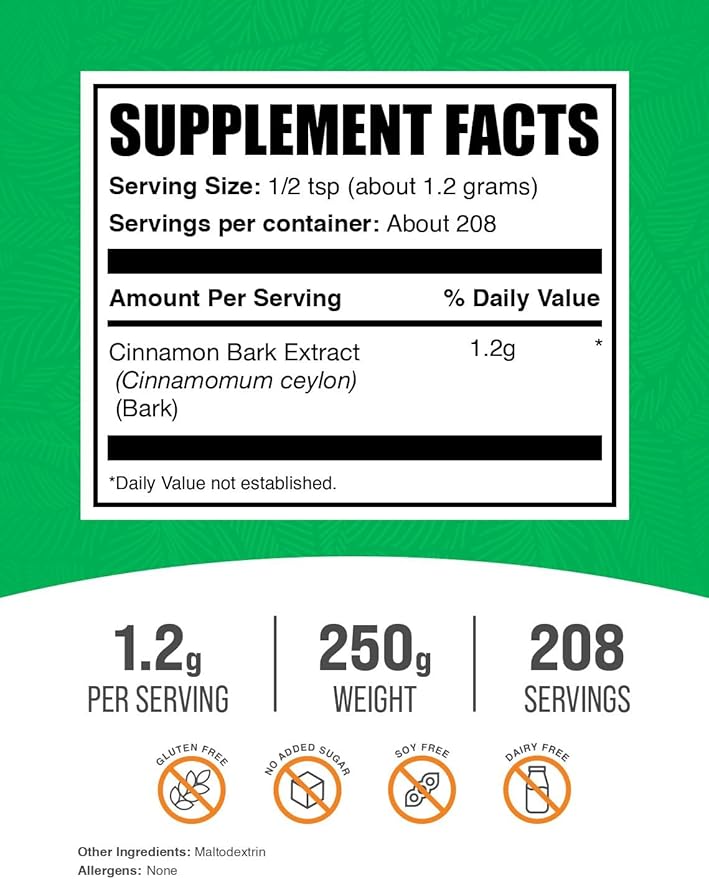 BulkSupplements.com Cinnamon Bark Extract Powder - Ceylon Cinnamon Supplement, Herbal Supplement - Vegan & Gluten Free, 1.2g per Serving, 250g (8.8 oz) (Pack of 1)