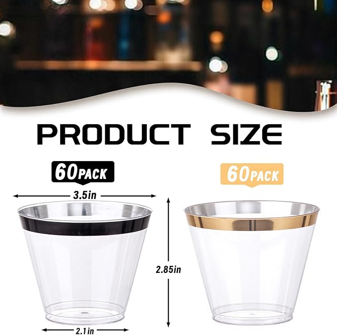 WELLIFE 120PCS Black and Gold Cups,9 OZ Clear Plastic Cups,Disposable Wine Glasses for Parties,Plastic Cocktail Glasses(60 Gold, 60 Black)