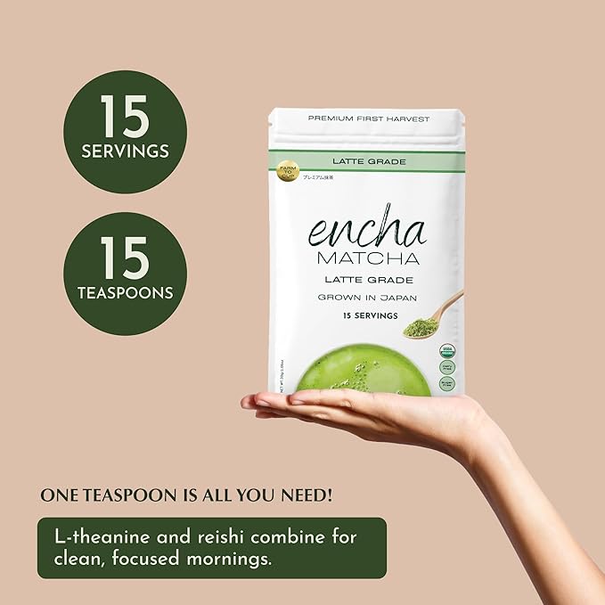 Encha Latte Grade Matcha Powder - First Harvest Organic Unsweetened Matcha Green Tea, From Uji, Japan (30G/1.06 Ounce) Premium Powder for matcha latte, smoothie | Caffeine, L-Theanine