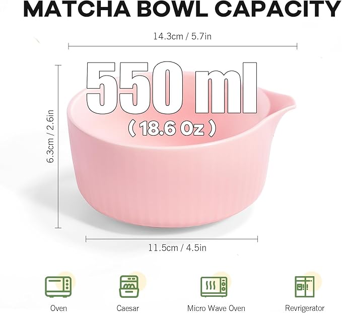 Pink Traditional Matcha Whisk Set, 5 Pcs Japanese Matcha Kit with Chawan Ceramic Bowl with Spout, Chasen Bamboo Whisk and Holder, Scoop, Sifter - Matcha Set Kit Gift for Ceremony Matcha Lattes Lover