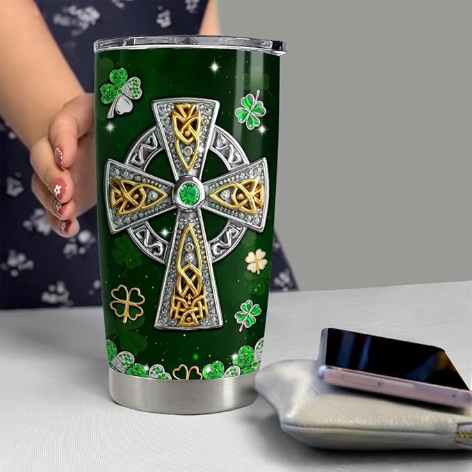 SANDJEST Irish Tumbler 20oz Celtic Cross Stainless Steel Tumbler with Lid Gift for Women Birthday Christmas