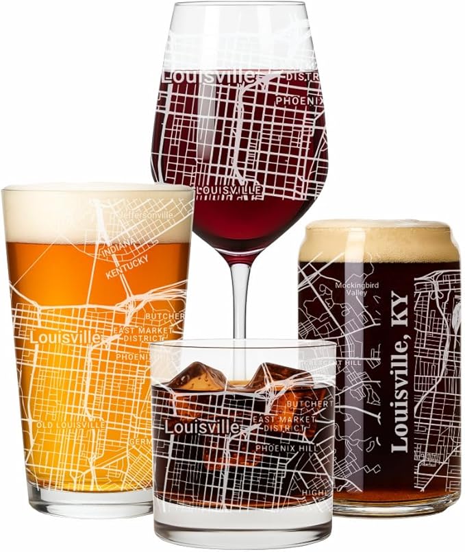 Blue Ridge Mountain Gifts - Louisville Souvenir - Kentucky Glassware Gift, Etched City Map, Laser Engraved and Dishwasher Safe