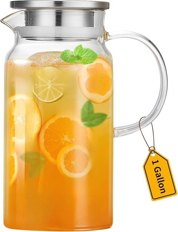 1 Gallon Glass Pitcher with Lid and Spout, Water Jug, 4000ML Carafe for Hot/Cold Water, Large Iced Tea Pitcher for Coffee, Juice and Homemade Beverage