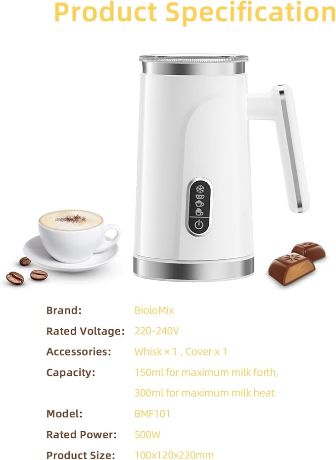 BioloMix Electric Milk Frother 4 in 1 Automatic Hot and Cold Milk Frother Warmer for Milk Latte Foam Maker Hot Chocolates Cappuccino (White)