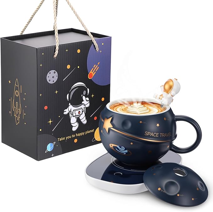 Astronaut Coffee Mug Warmer 13.5 oz Space Planet Ceramic Mug with Lid Spoon Electric Tea Beverage Cup Warmer for Winter Christmas New Year Birthday Gift