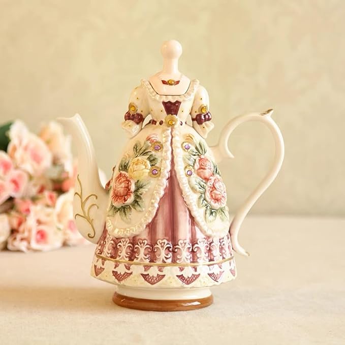 Large Ceramic Teapot and Coffee Pot with Lid, 3D Embossed Victoria Pink Rose Flowers Decorative Teapot(Red）