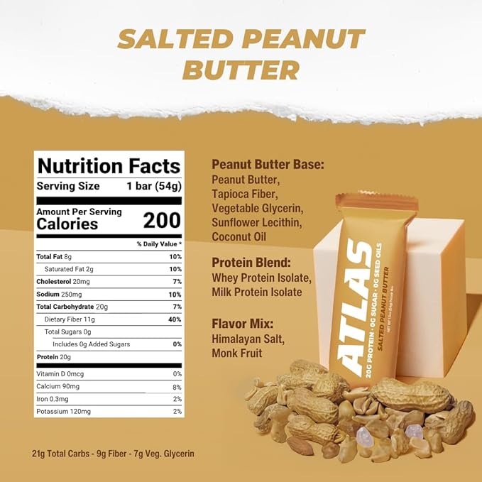 Atlas Bar – 20g Protein, 1g Sugar, 0g Seed Oils, 0g Artificial Sweeteners (Salted Peanut Butter, 24 Count)