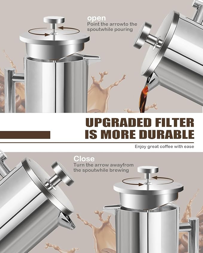 French Press Coffee Maker,304 Stainless Steel Coffee Press with scale lines and 2 Extra Filters for Kitchen & Camping (Silver, 34 OZ) 1 Litre
