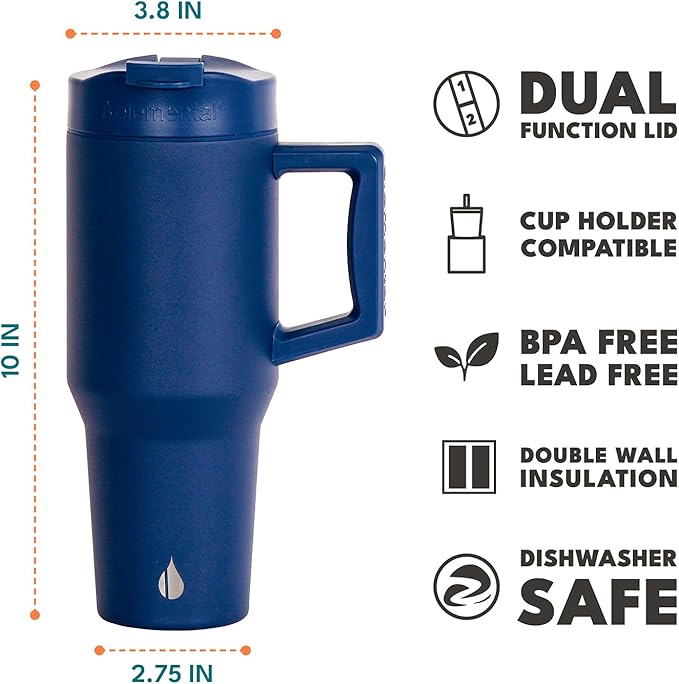 Elemental 32 oz 100% Leak Proof Tumbler with Handle & Straw - Stainless Steel Double Wall Insulated Tumbler for Hot and Cold Beverages - Travel Coffee Mug with Sip & Straw Lid - Navy