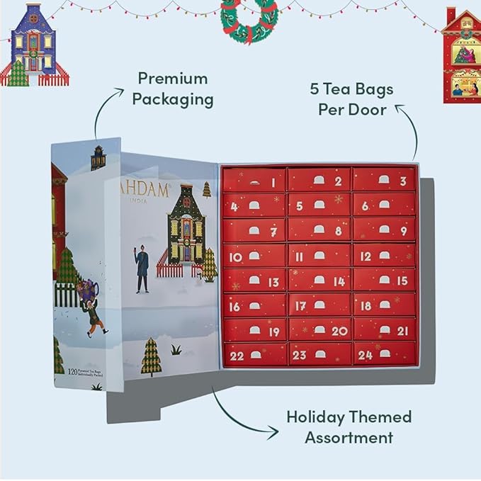 VAHDAM, Assorted Christmas Tea Gift Set | Limited Edition Unique Hoilday Gift Box - 24 Flavors, 120 Individually Wrapped Pyramid Tea Bags | Christmas Presents for Women, Men & Adults