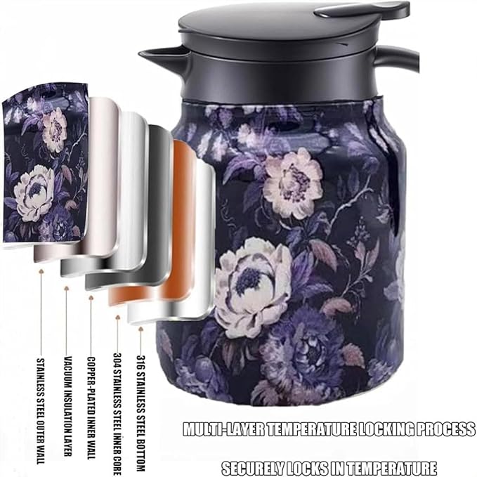 Vintage Floral Pattern Teapot – Built-In Infuser, 800ML/1000ML Heatproof Stainless Steel Teapot with Lid for Hot Drinks (Orange, 800ml-Wooden handle)