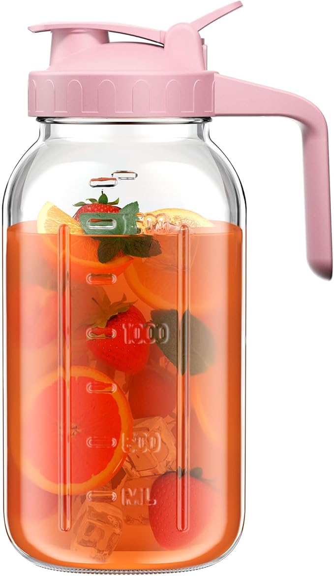 64 oz Glass Pitcher with Lid, Large Wide Mouth Mason Jar with Pour Spout, Pink Sun Tea Jar for Outside, Glass Water Pitcher Great for Drink, Cold Beverages and Breast Milk