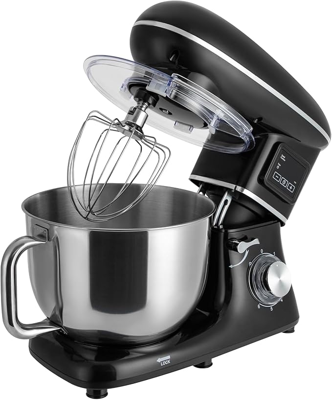 6.5Qt Stand Mixer, 1350W Electric Household Stand Kitchen Mixer With Lcd Timer Display, 6-Speed Dough Maker With Whisk Beater & Hook, For Baking Bread Cake Cream, Compact For Small Kitchen (black)