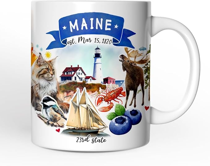 OrnamentallyYou State Travel Landmark Mugs – 12 oz Ceramic Coffee Cups, U.S. Souvenir Gift for Tourists (Artistic Maine State Themes and Landmarks Mug)