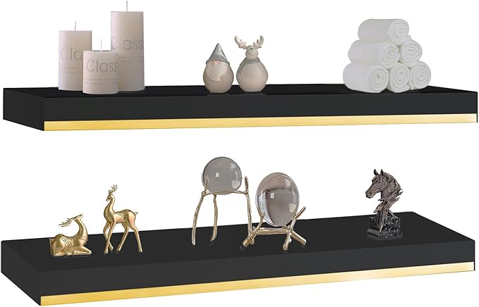 Thick 1.78 Inch Black and Gold Foating Shelves With Thicked 1/5 Inch Heavy Duty Bracket,Black Gold Shelf Pine Wood Long 36 ×7.87 Inch Wall Shelves With Stainless Steel Trim Strip for Bedroom Set of 2
