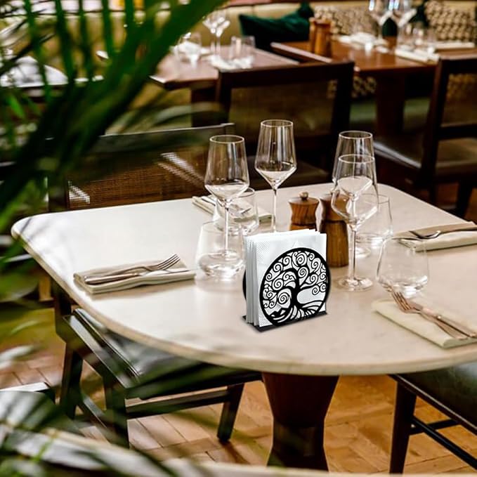 Tree of Life Decorative Black Metal Napkin Holder for Table, 5.3" x 4.9" x 1.9" Tree Standing Napkin Holder for Home Kitchen Restaurant Picnic Party Coffee Bar Dining Room