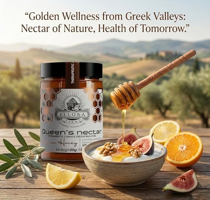Ellora Farms Greek Honey, Lemon & Orange Blossom Raw Honey Unfiltered, 2025 Paris Platinum Award, Non-GMO and Unpasteurized, Gift Pack with Dipper - 450 g