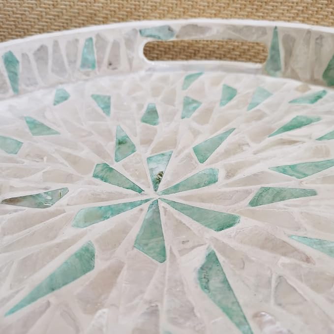 I-LAN 16 Inch Large Round Beige Green Mother of Pearl Severing Tray with Handle and 2”Side, Lacquer Wooden Shell Decor Platter, Gorgeous Inlay Nacre Ottoman Tray for Food, Breakfast, Coffee Table, L