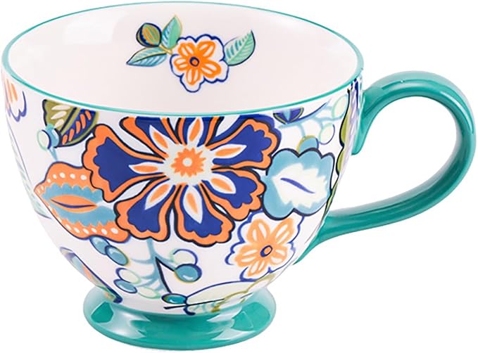 Autumn Handmade Large Ceramic Coffee Mug (20oz) Cute Cereal Vintage Flower Mugs Cozy Fall Gift Cup for Breakfast Oatmeal Tea & Hot Drinks with Floral Design