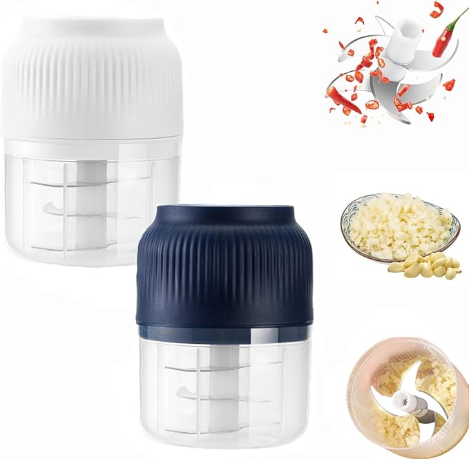 Electric Garlic Chopper,Mini Portable Veggie Choppers, 250ml Portable Electric Mini Food Chopper with 4 Sharp Blade, Cordless Food Processor for Ginger (White+Blue)