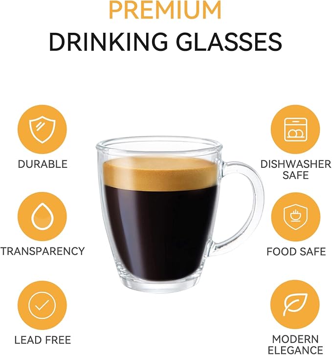 D.M DESIGN·MASTER [6 PACK,12 OZ - Premium Glass Coffee Mugs with Handle. Transparent Tea Glasses for Hot/Cold Beverages, Perfect Design for Americano, Cappuccino, Tea and Beverage.