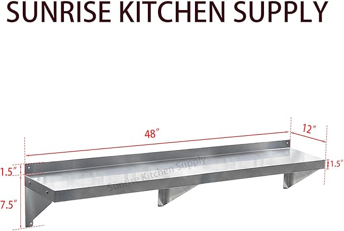 SUNRISE Commercial 430 Stainless Steel Kitchen Wall Shelf, NSF Certificated, Wall Mounted, Solid Shelving for Restaurants, Bars & Hotels (12" x 48")