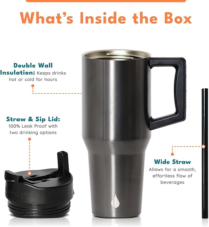 Elemental 32 oz 100% Leak Proof Tumbler with Handle & Straw - Stainless Steel Double Wall Insulated Tumbler for Hot and Cold Beverages - Travel Coffee Mug with Sip & Straw Lid - Gunmetal