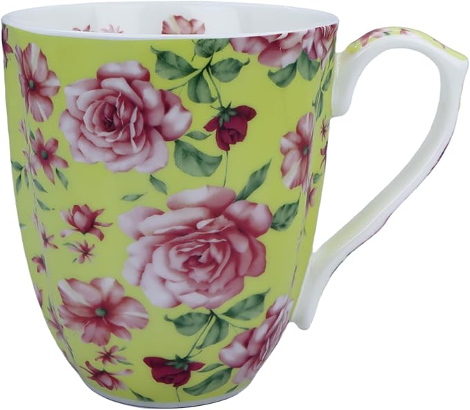 14oz Bone China Coffee Mugs for Women Floral Coffee Mug Tea Cups Novetly Coffee Cups Gift for Women Mom Friends (Sunny yellow rose)