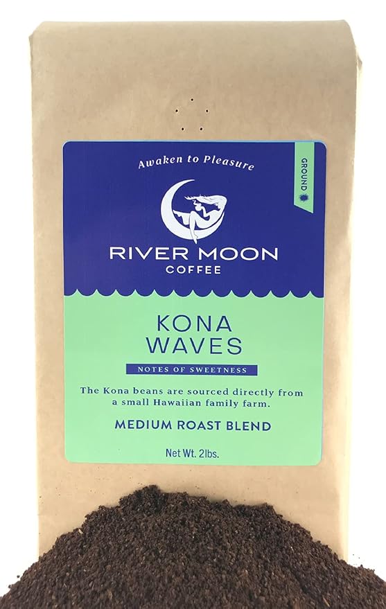 River Moon Coffee, Kona Coffee Ground, Medium Roast, 2 lbs, Kona Waves Hawaiian Blend, Sustainably Farmed, 100% Arabica