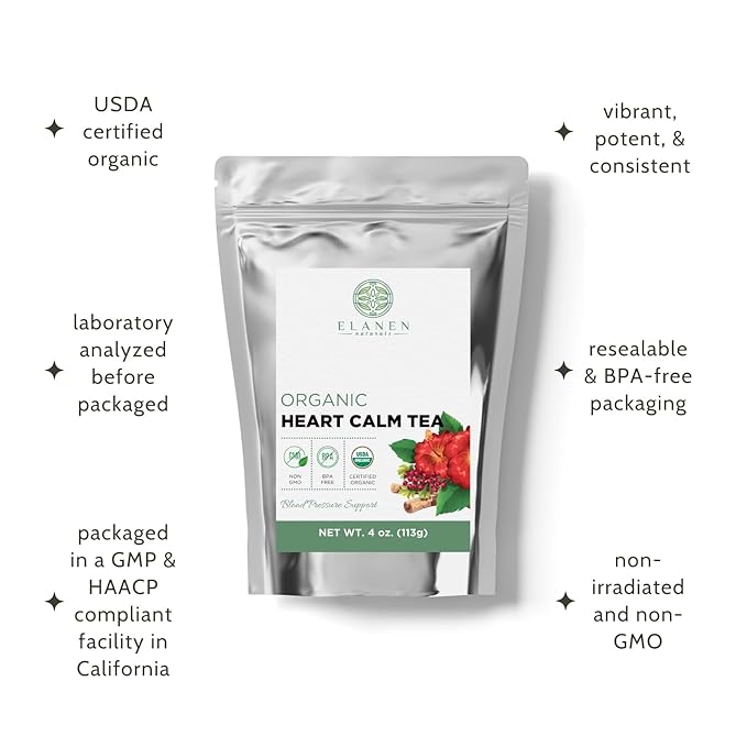 Organic Heart Calm Tea 4 oz. (113g), Blood Pressure Tea to Maintain Healthy Pressure, Circulation Balance, Delicious Tasting, USDA Certified Organic, Cut & Sifted