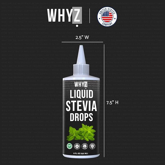 WHYZ Liquid Stevia Drops 8oz, Natural Liquid Stevia Extract, Pure Sweetener, Plant-Based Sweetener For Coffee Syrup, Zero Calorie, Non-GMO, Gluten-free, 1,823 Servings
