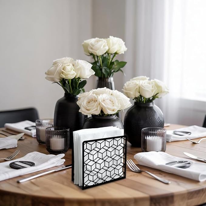 Geometric 3D Cube Decorative Black Metal Napkin Holder for Table, 5.3" x 4.9" x 1.9" 3D Cube Geometric Standing Napkin Holder for Home Kitchen Restaurant Picnic Party Coffee Bar Dining Room