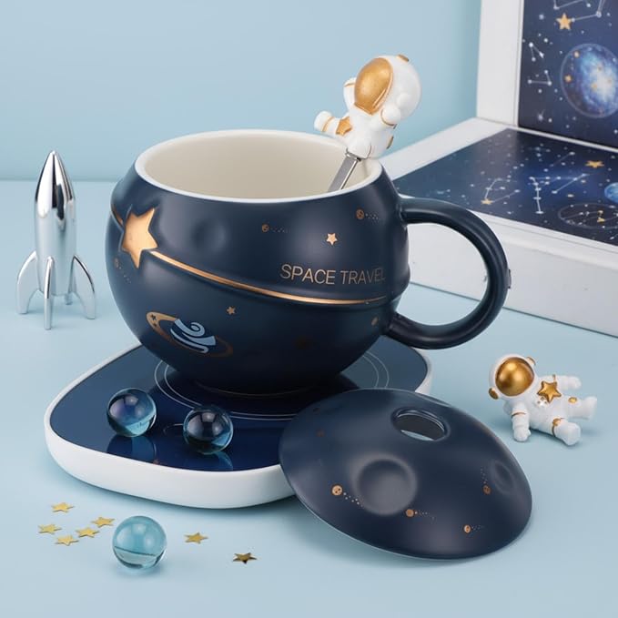 Astronaut Coffee Mug Warmer 13.5 oz Space Planet Ceramic Mug with Lid Spoon Electric Tea Beverage Cup Warmer for Winter Christmas New Year Birthday Gift