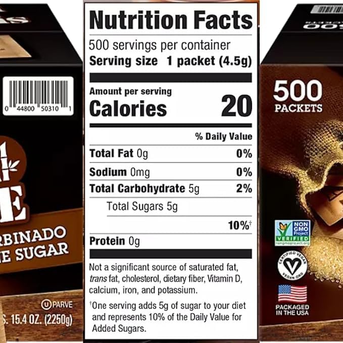 Sugar Raw/Raw Natural Cane Brown Sugar Turbinado, 500 Count, Pack of 1, Natural Sweetener for Drinks and Baking Packets for Home, Office, Coffee, Bar, Gift,Restaurants, & Coffee Stations