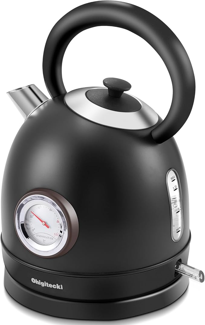 1.7L Electric Kettle, Retro Stainless Steel Water Boiler with Temperature Gauge & Auto Shut-Off, 1200W Fast Boiling Kettle for Home Kitchen Office, Boil-Dry Protection (Matte Black）