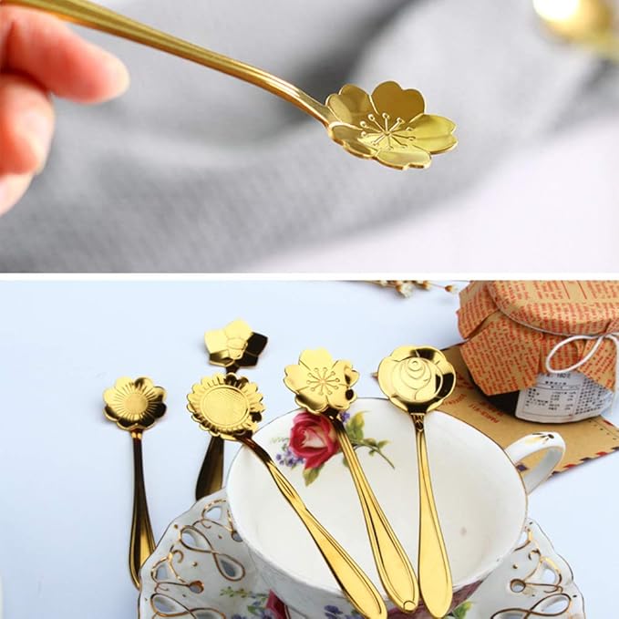 Stainless Steel Tableware Creative Flower Coffee, Sugar, Stir, Mix, Stir Bar, Tea, Cake, Sugar, Dessert Ice Cream Spoon Set of 8, Gold