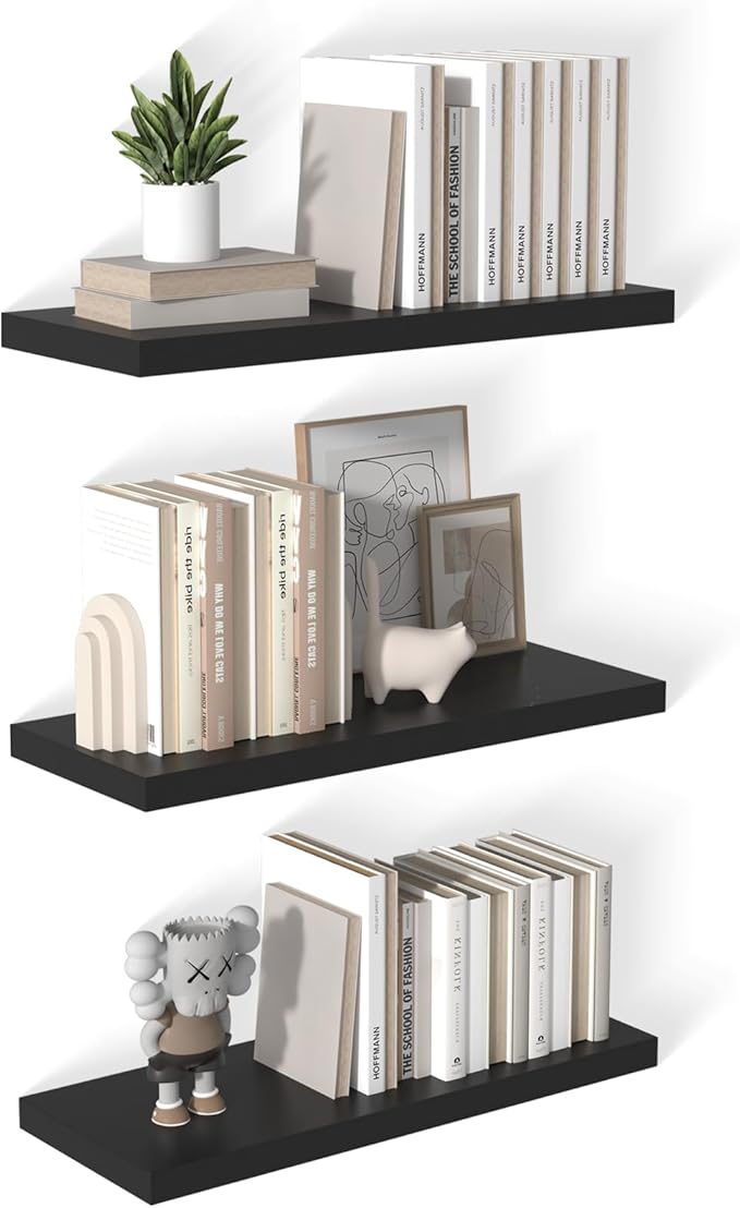 12 Inch Deep Floating Shelves for Wall 3 Pack Floating Shelfs Large Storage Space Wall Decor Display Shelf for Bathroom Living Room Bedroom Kitchen 30" W x 12" D x 1.2" H Black