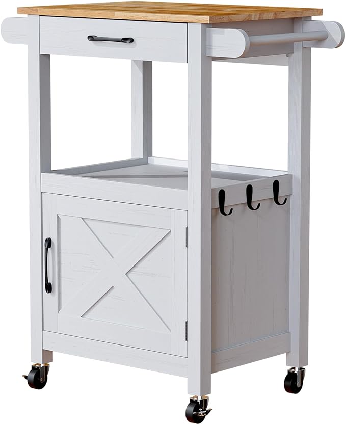VINGLI Microwave Cart with Drawer and Storage Cabinet, Small Kitchen Island on Wheels, Coffee Station Microwave Stand with Hooks & Shelves, Compact Kitchen Storage Cart, White