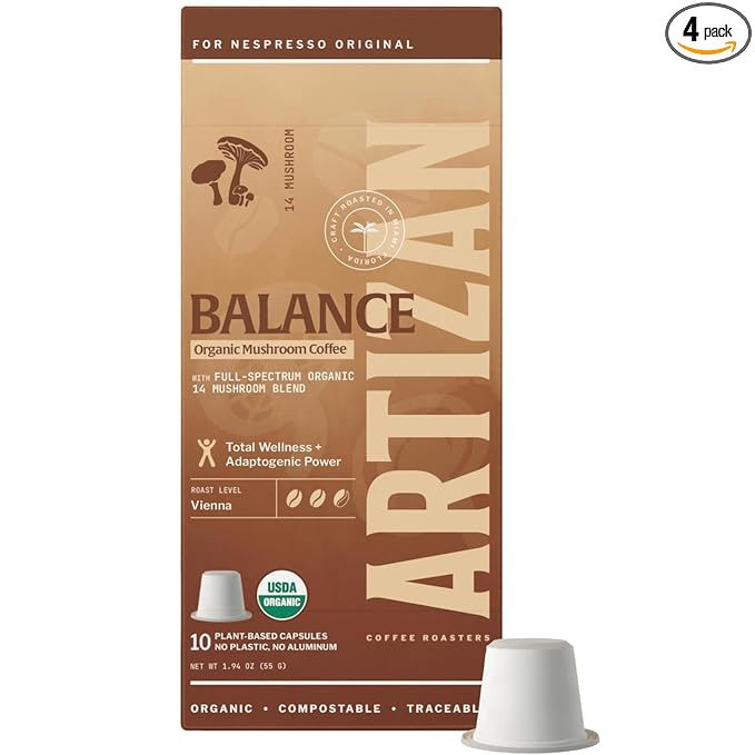 Artizan Organic 14-Mushroom Blend Coffee Pods for Nespresso Original Line | Total Wellness + Adaptogenic Power | 40 Compostable Espresso Capsules