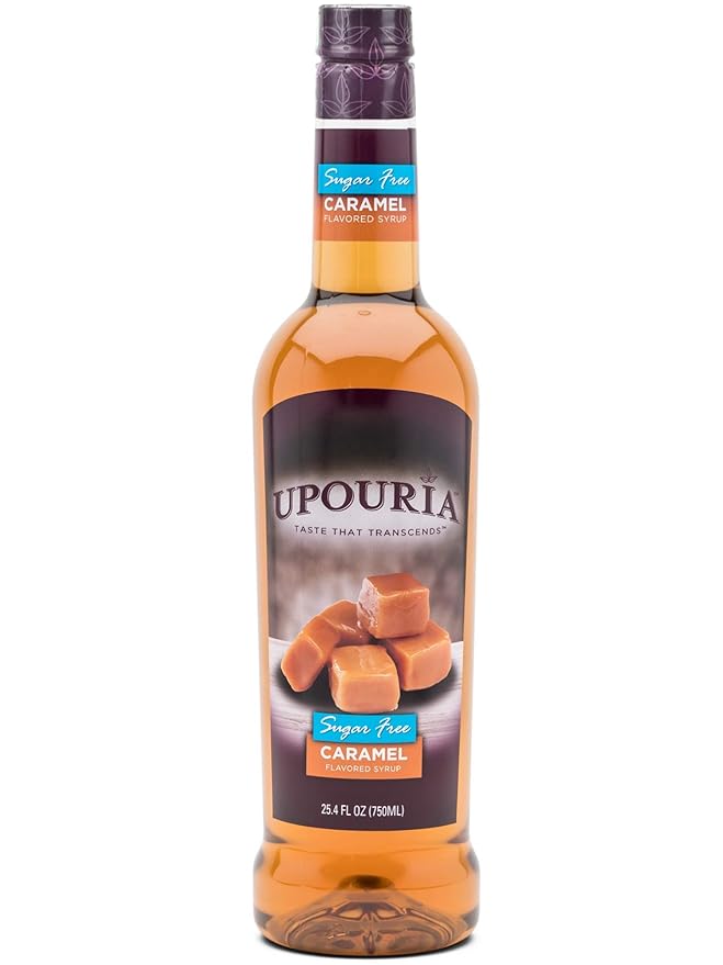 Upouria Sugar-Free Caramel Coffee Syrup Flavoring, 100% Vegan, Gluten-Free, Kosher, Keto, 750 mL Bottle (Pack of 2) with Coffee Syrup Pump