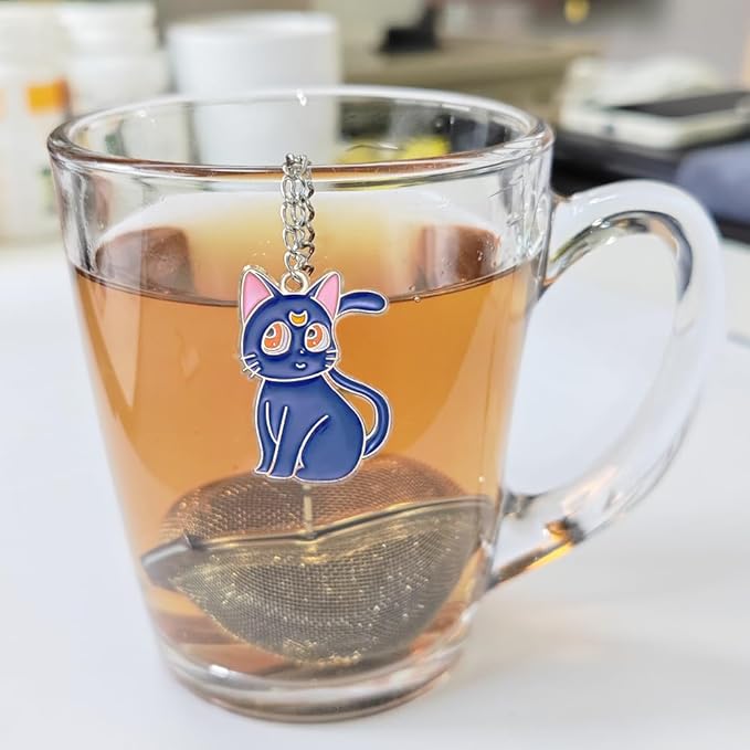 2 pcs tea infuser loose tea strainer, heart shaped stainless steel loose leaf tea infuser tea ball, cute pendant tea ball set tea gifts for tea lovers women (Black Cat + White Cat)