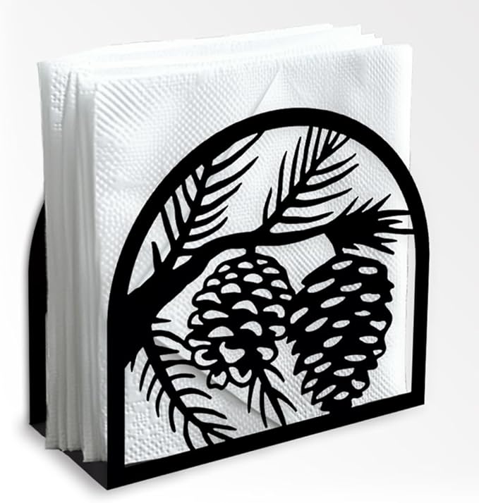 Pine Cones Decorative Black Metal Napkin Holder for Table, 5.3" x 4.9" x 1.9" Pine Cones Standing Napkin Holder for Home Kitchen Restaurant Picnic Party Coffee Bar Dining Room