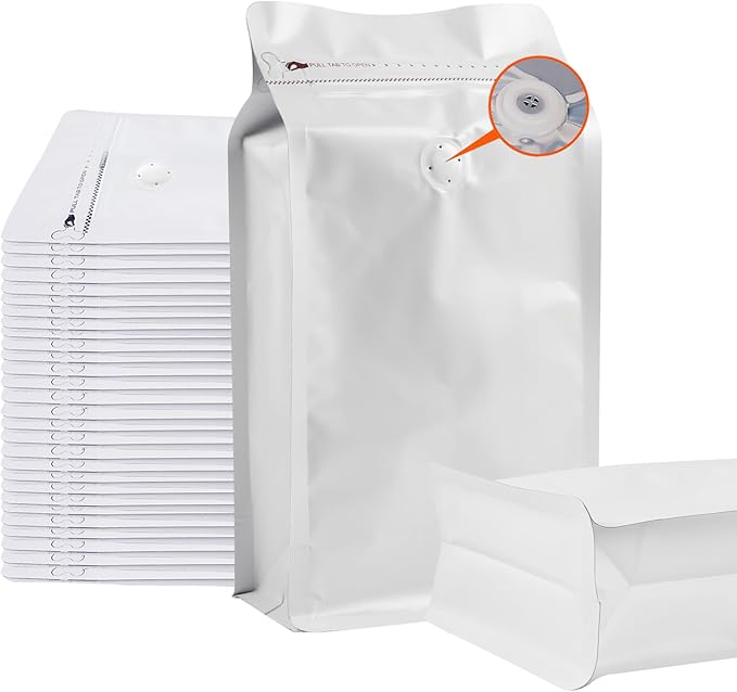 50 PCS Upgraded Coffee Bags with Valve (White, 8 oz/0.5 lb), Black High Barrier Aluminum Foil Flat Bottom Standing Coffee Bean Storage Bags, Heat Sealable Resealable Bag for Home.