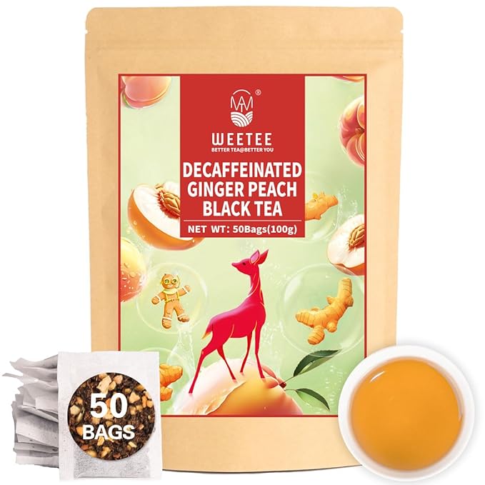 WT WEETEE Decaf Ginger Peach Black Tea Bags 50 Counts, Made of Decaffeinated Black Tea, Ginger & Natural Peach Flavor, Flavored Fruit Tea Bags